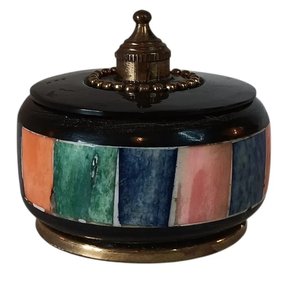 Trinket Box Wood & Brass W/ Multicolor Inlay Rectangle Panels India 2